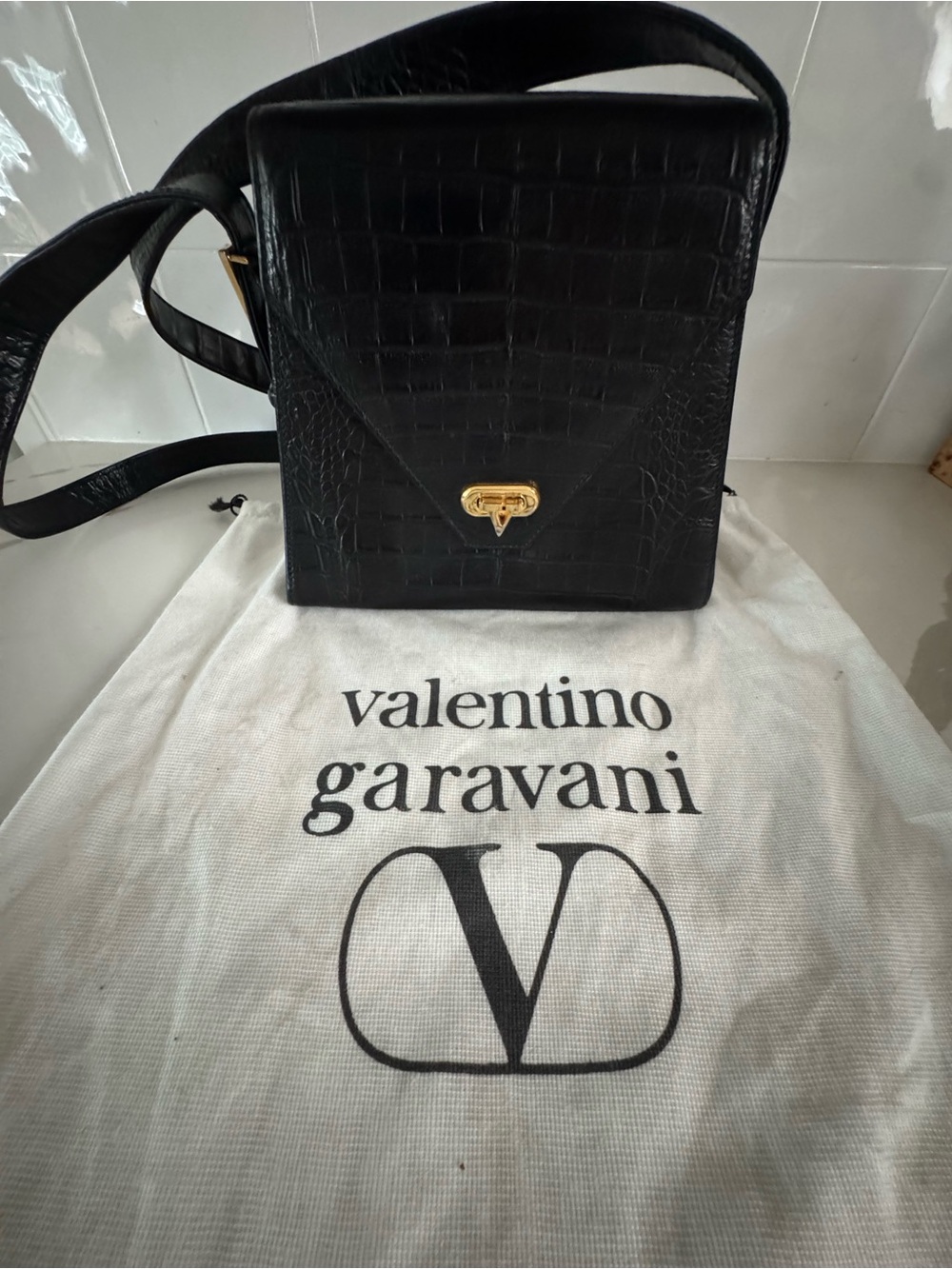 Valentino Garavani Black Croc-Embossed Leather Crossbody with Gold-Tone V Clasp